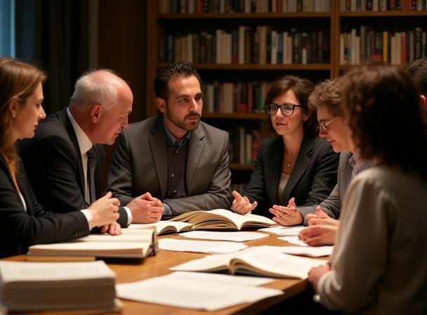Lumiar Literário team discussing books and manuscripts